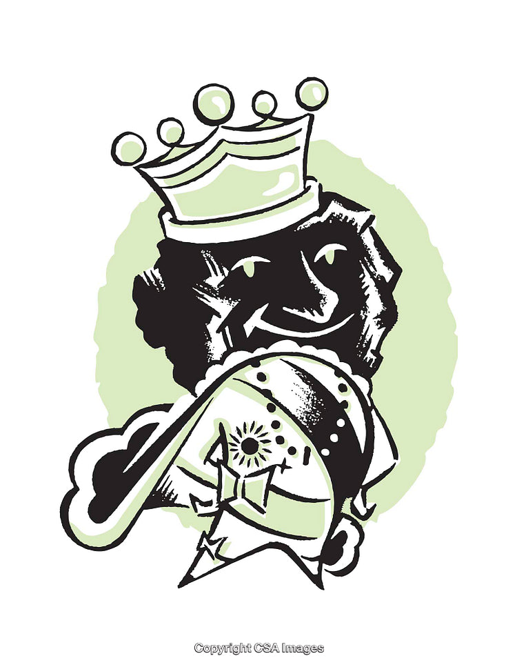 Whimsical Illustration of a Smiling Crowned Figure with a Helmet Art Scene