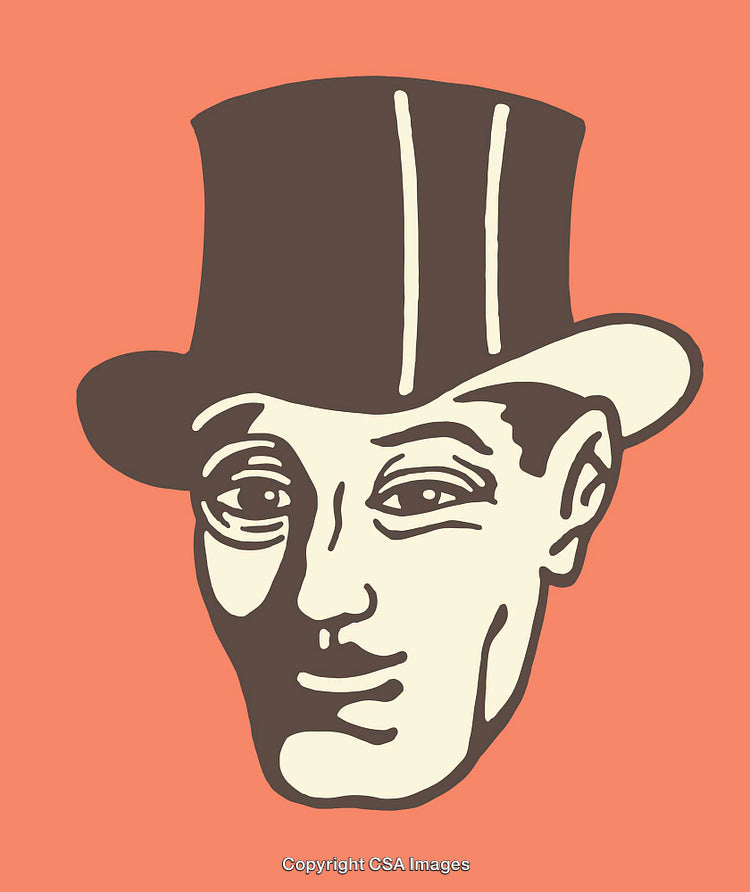 Vintage Line Art Portrait of Man in Top Hat on Orange Background