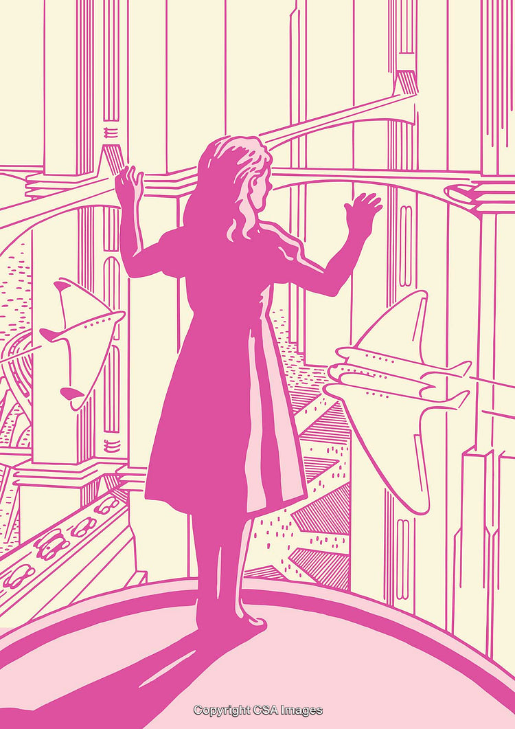 Futuristic Cityscape Scene Featuring Woman Observing Flying Vehicles in Vibrant Colors