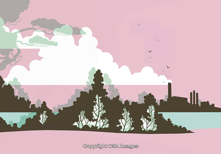 Scenic Landscape with Factory Silhouette Under Pink Sky