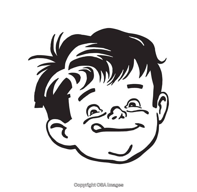 Retro Line Art Illustration of a Smiling Child's Face in Black & White
