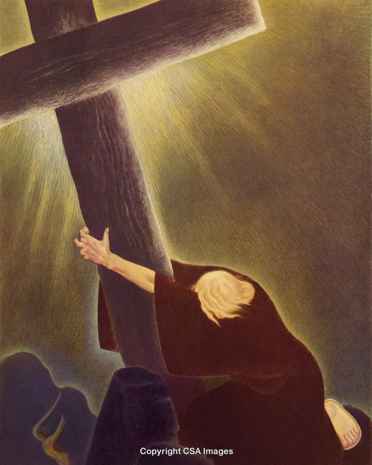 Devotional Scene Depicting a Figure Holding a Large Wooden Cross
