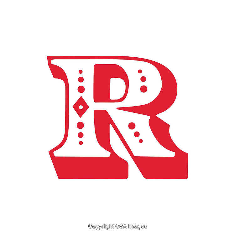 Ornamental Red Letter 'R' with Decorative Accents in Vintage Typography