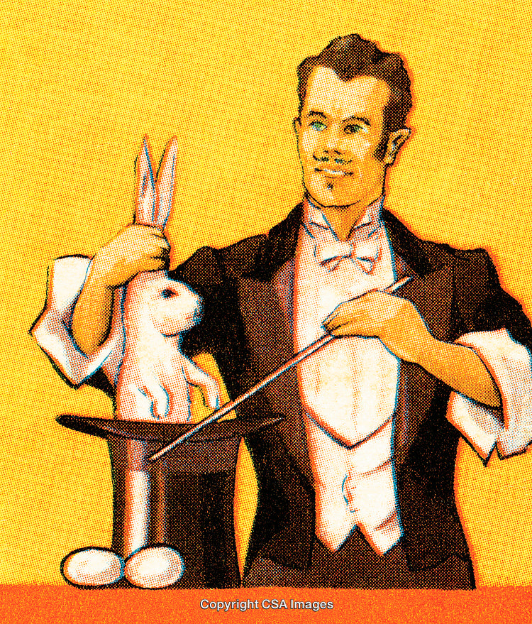 Illustration of a Magician Performing a Hat Trick with a Rabbit