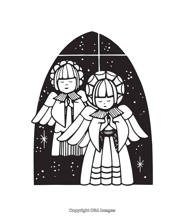 Black And White Line Art of Two Angels in a Celestial Theme