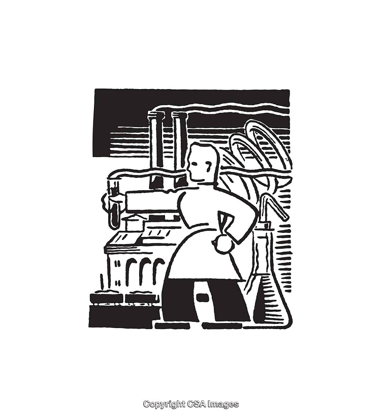 Black and White Line Art Illustration of Scientist with Laboratory Equipment