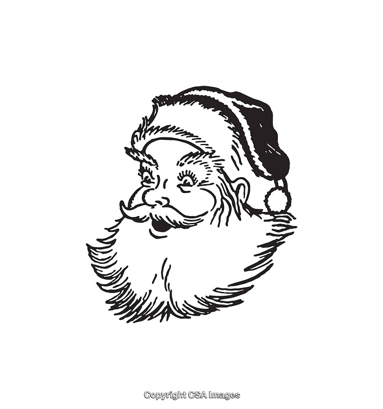 Vintage Black and White Line Art of Jolly Santa Claus Face