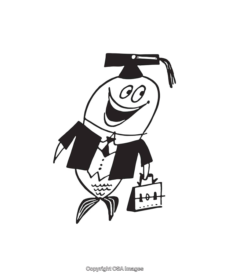 Cartoon Graduate Fish in Black and White Wearing Suit and Cap