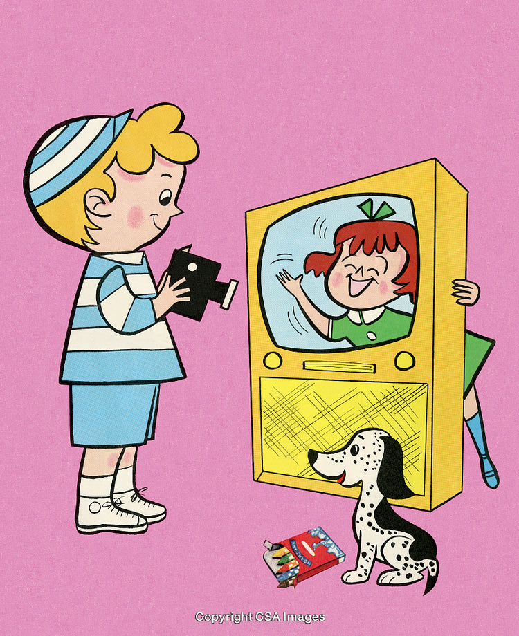 Retro Illustration of Kids Playing With Dog and Pretend Television