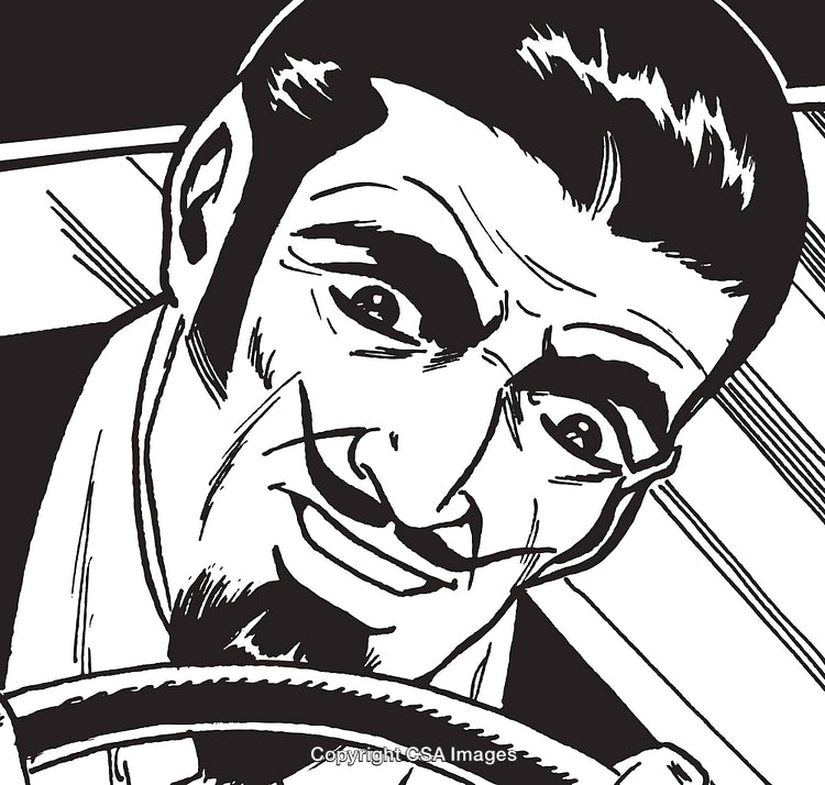 Black and White Illustration of a Man Driving With Intensity