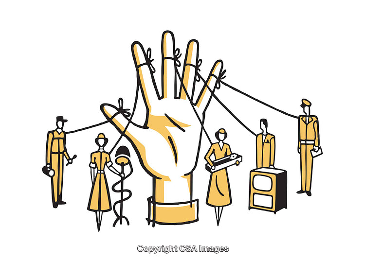 Illustration of a Hand Controlling Individuals by Strings in Cartoon Style