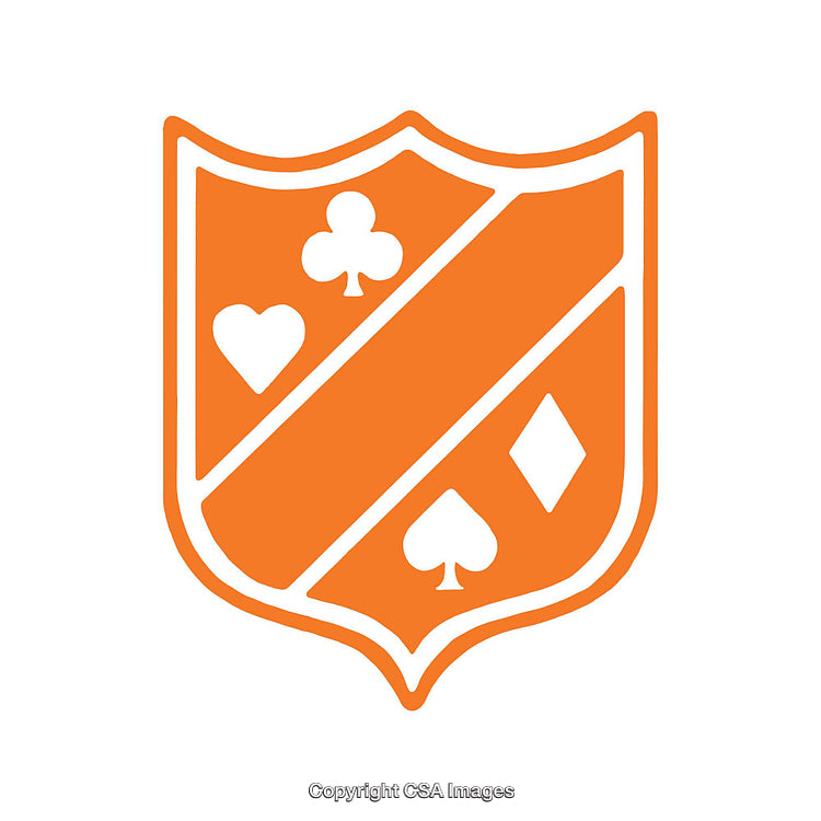 Orange Shield With Playing Card Symbols in Modern Stylized Design