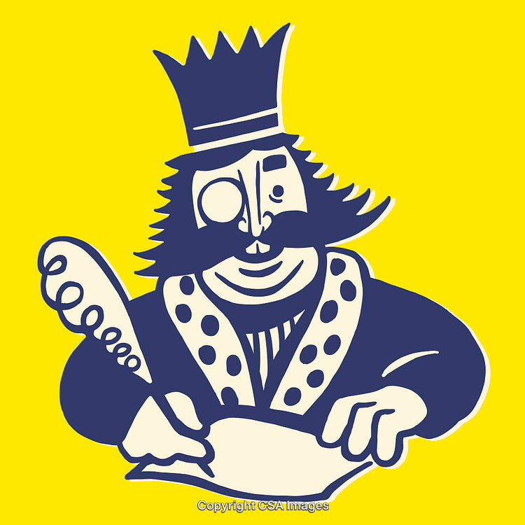 Colorful Illustration of a Crowned Character Writing With a Quill Pen