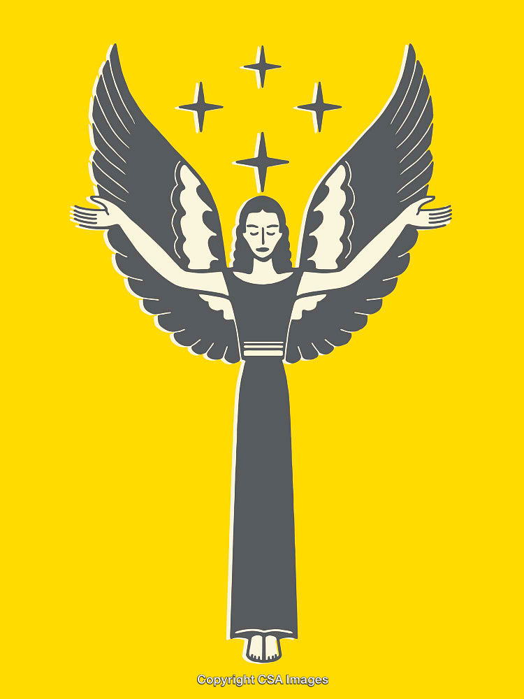 Elegant Winged Figure with Stars on Bright Yellow Background