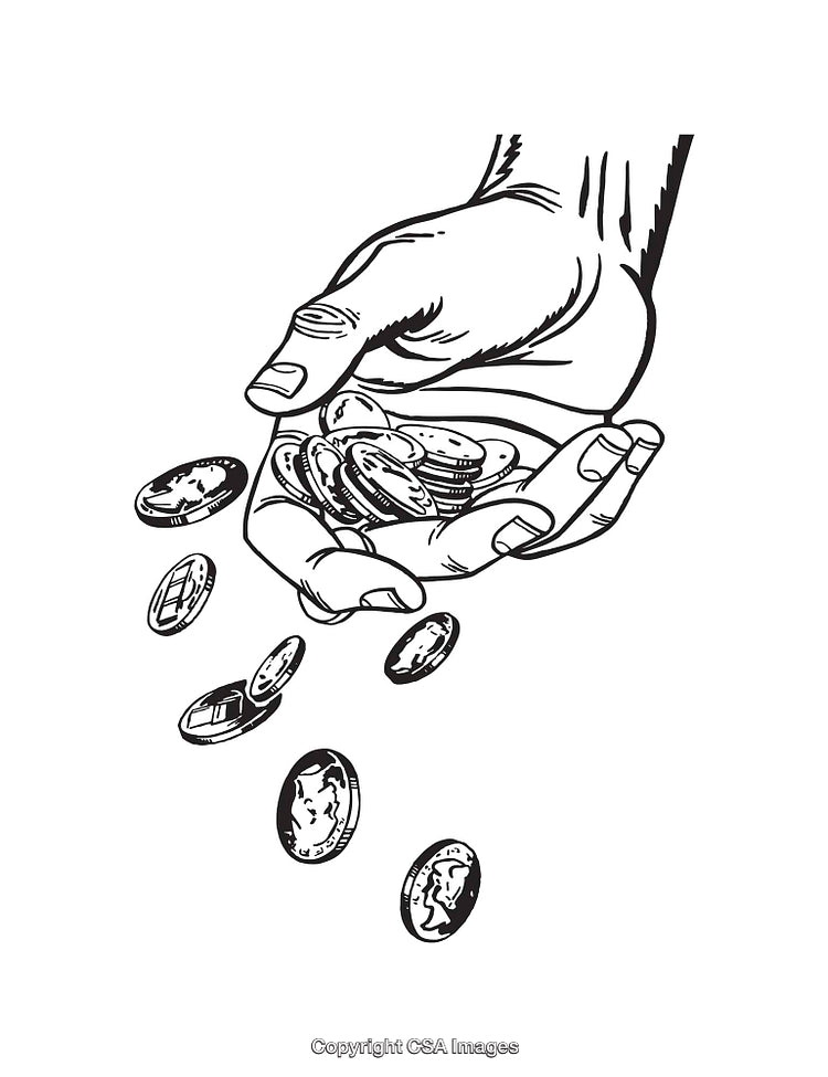 Black and White Line Art of a Hand Holding Falling Coins