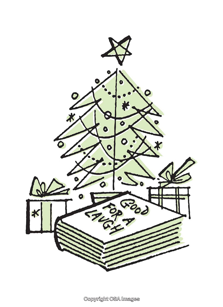 Illustrated Christmas Tree with Presents and Humorous Book