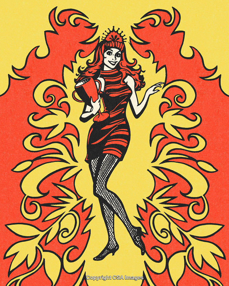 Retro-Style Illustration of a Woman Holding Cup in Vibrant Colors