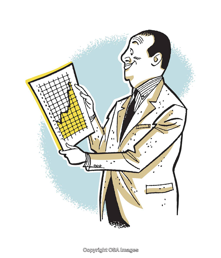 Smiling Businessman Analyzing Financial Growth on a Chart with Optimistic Outlook