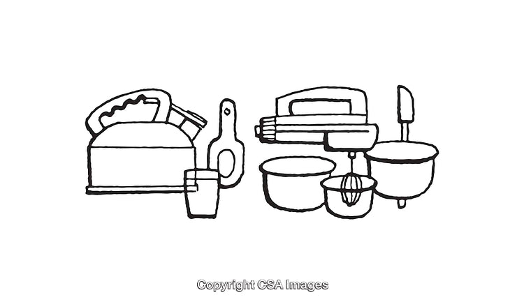 Black and White Line Art Illustration of Various Kitchen Utensils