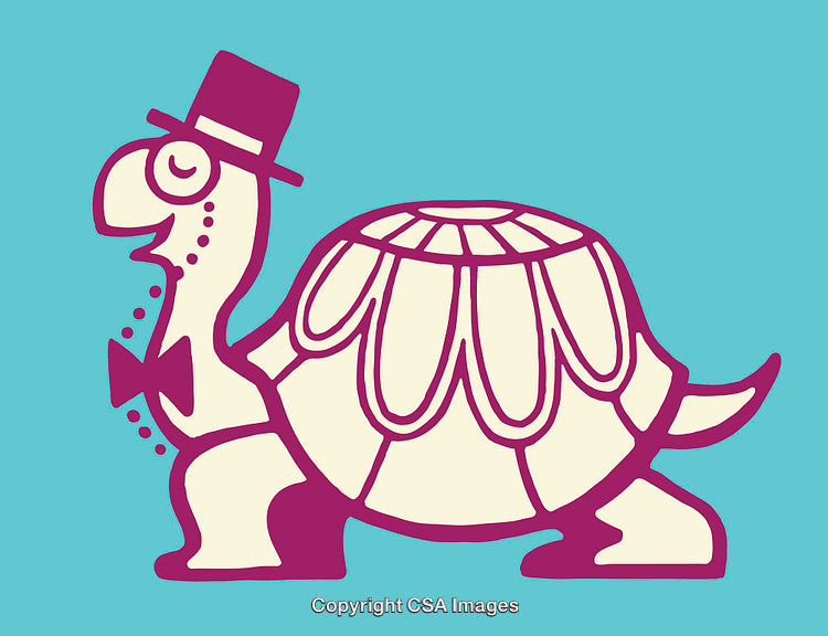 Whimsical Turtle Illustration with Bow Tie, Beads, and Top Hat on Blue