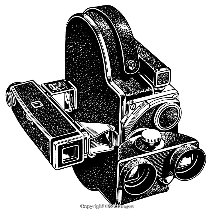 Vintage Camera Illustration in Black and White Engraving Style