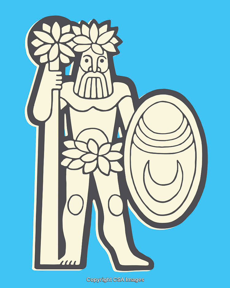 Ancient Warrior in Decorative Artistic Illustration With a Shield and Club