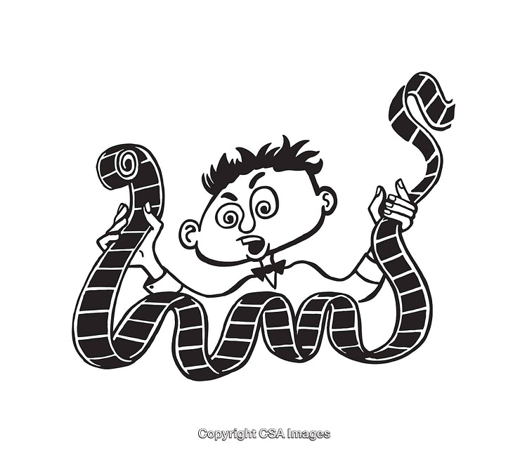 Black and White Illustration of a Man Holding a Long Film Strip