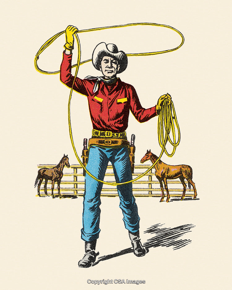 Retro Style Illustration of a Cowboy with a Lasso and Horses