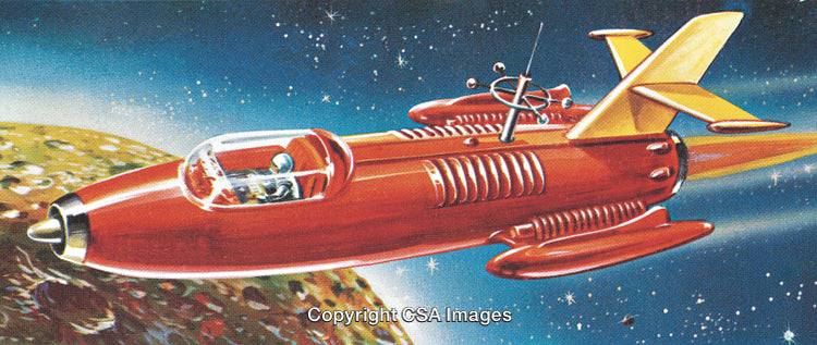 Retro Styled Spacecraft Flying Through the Galaxy in Vintage Illustration