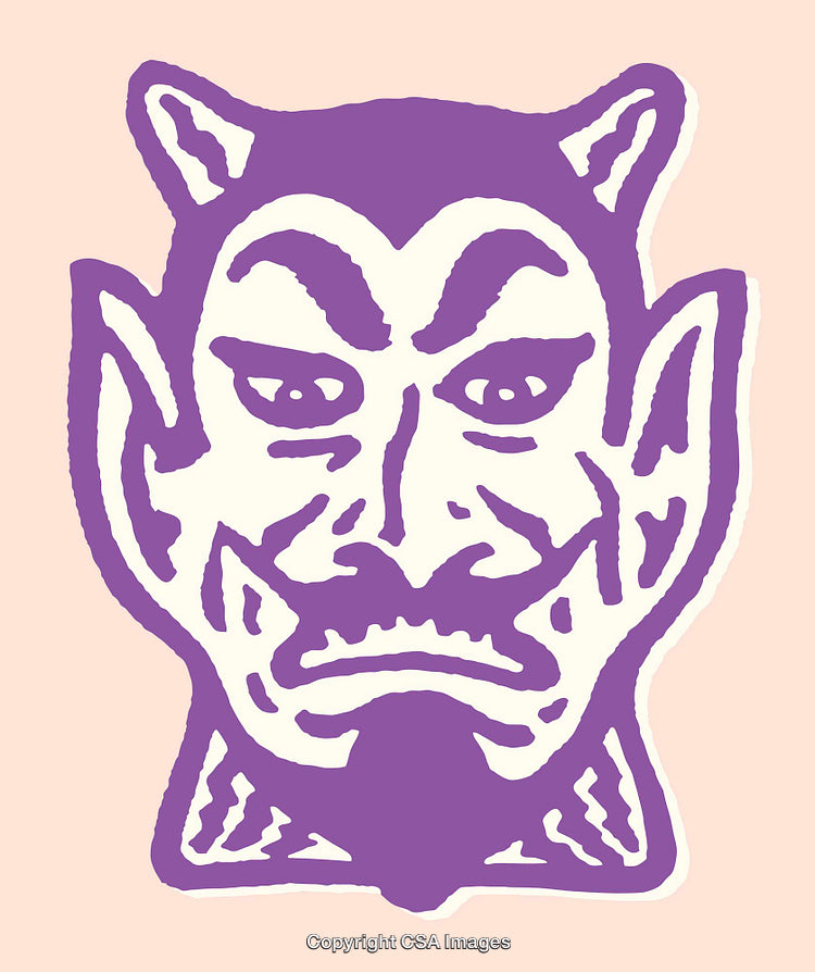 Purple Stylized Devil Face Illustration in Bold Artistic Line Art Style