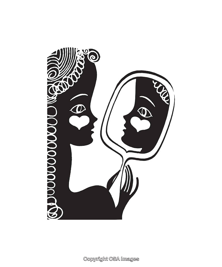Black and White Line Art of a Woman and Holding a Mirror