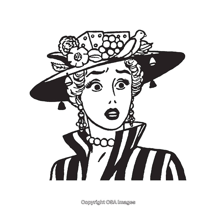 Surprised Woman With Stylish Hat and Vintage Attire Line Art Illustration