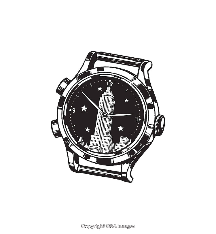Stylized Watch Illustration Featuring Cityscape In Black And White Line Art