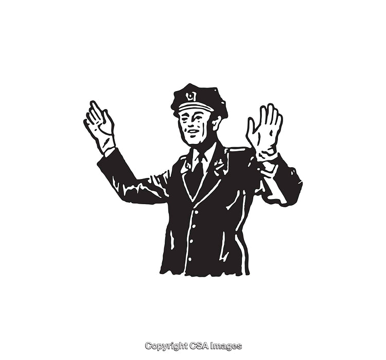Illustration of a Policeman Gesturing with Hands Raised in Uniform