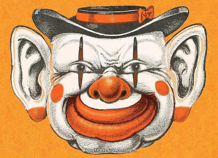 Vintage Style Illustration of a Clown Face on Orange Background