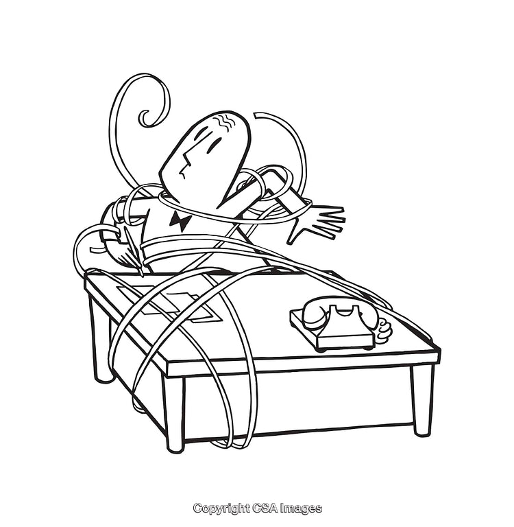 Black And White Line Art of Character Entangled in Telephone Cords