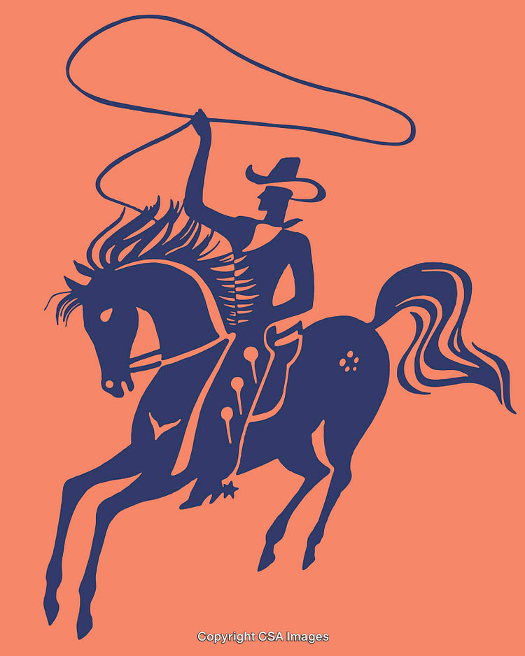 Silhouette of a Western Cowboy Roping on a Horse in Vintage Style