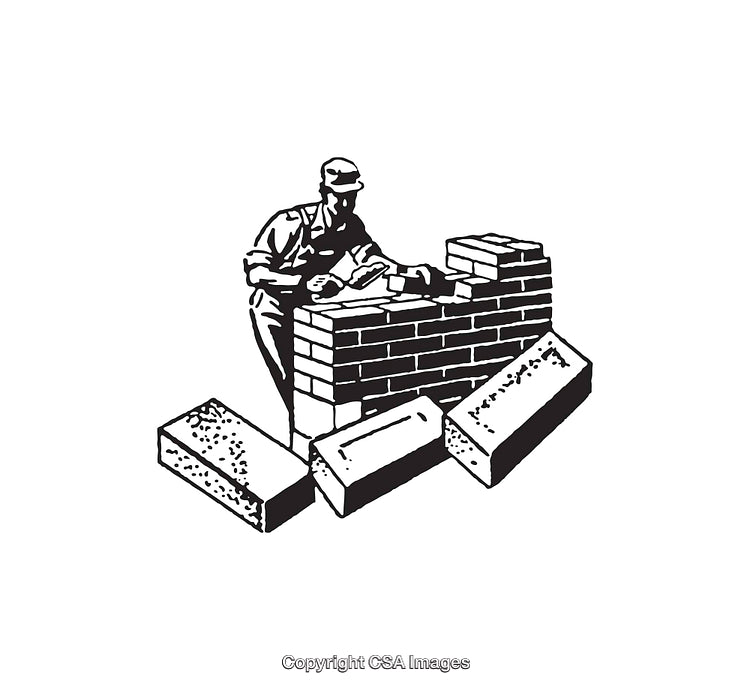 Black and White Line Art of a Mason Working on a Brick Wall