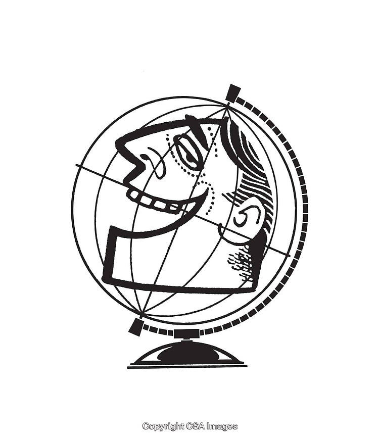 Retro Styled Black and White Globe Illustration with Character Profile