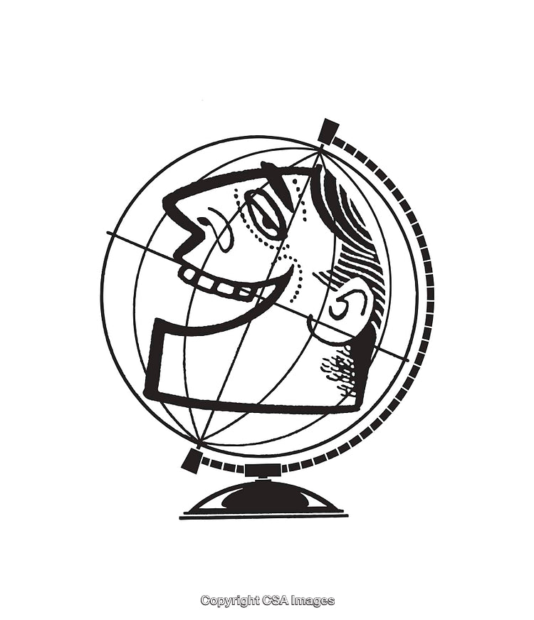 Retro Styled Black and White Globe Illustration with Character Profile