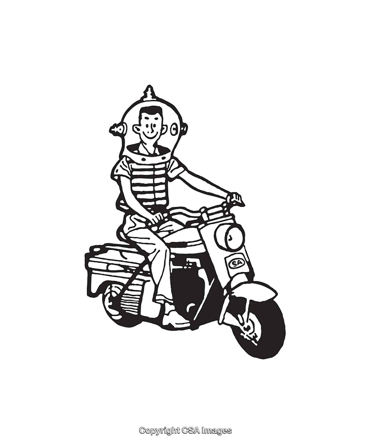 Whimsical Space-Themed Illustration of a Man Riding a Scooter