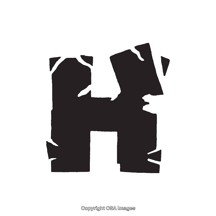 Distressed and Broken Letter H in Black on White Background