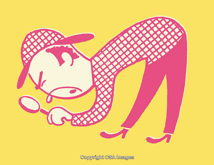Cartoon Detective Looking Through Magnifying Glass in Bold Yellow and Pink Art