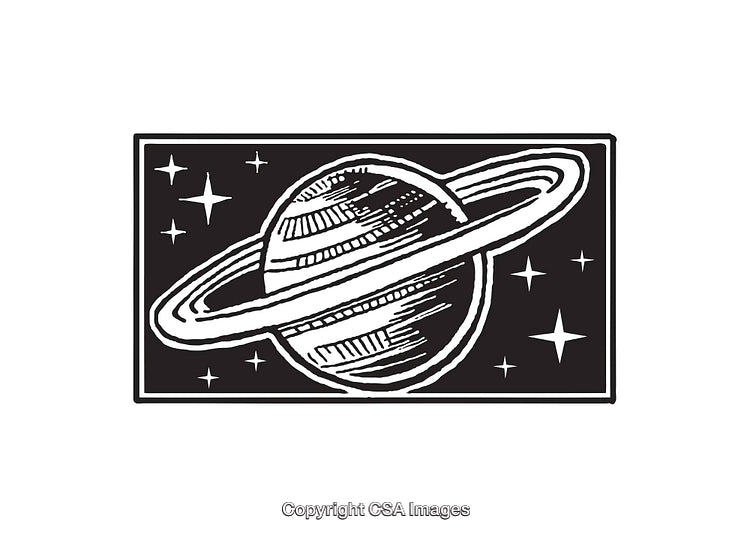 Black and White Line Art of a Planet with Rings in Space