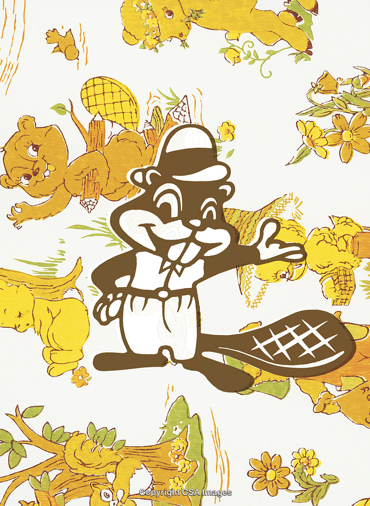 Vintage Cartoon Beaver Illustration with Whimsical Nature-Themed Background