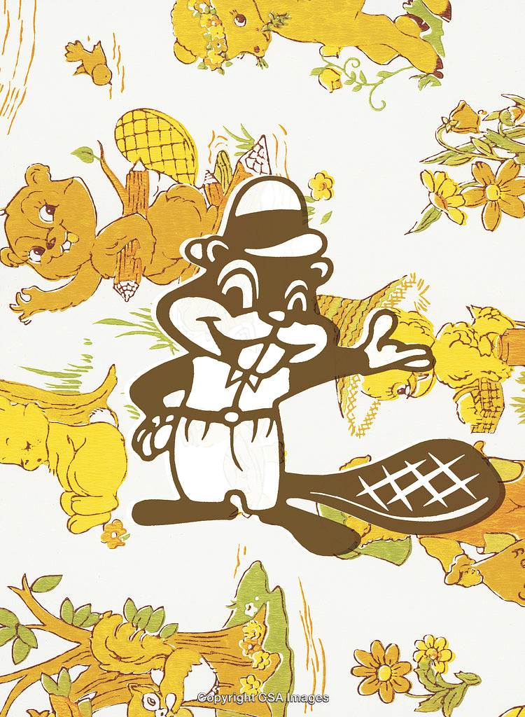 Vintage Cartoon Beaver Illustration with Whimsical Nature-Themed Background