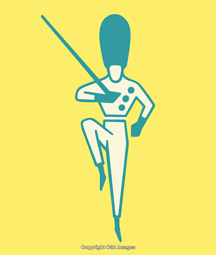 Stylized Illustration of a Marching Soldier in Blue and Yellow Tones