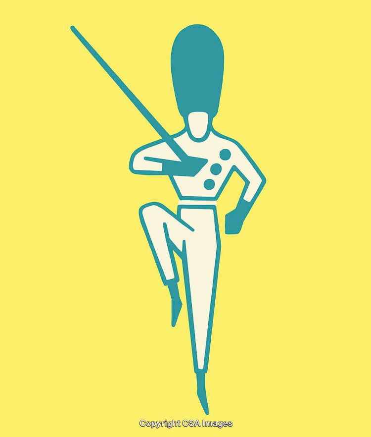 Stylized Illustration of a Marching Soldier in Blue and Yellow Tones