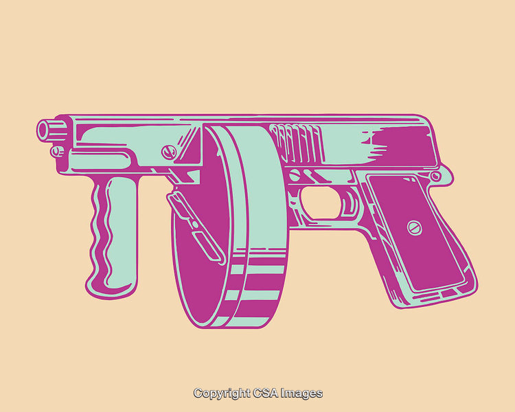 Retro-Inspired Color Line Art Illustration of a Drum Magazine Firearm