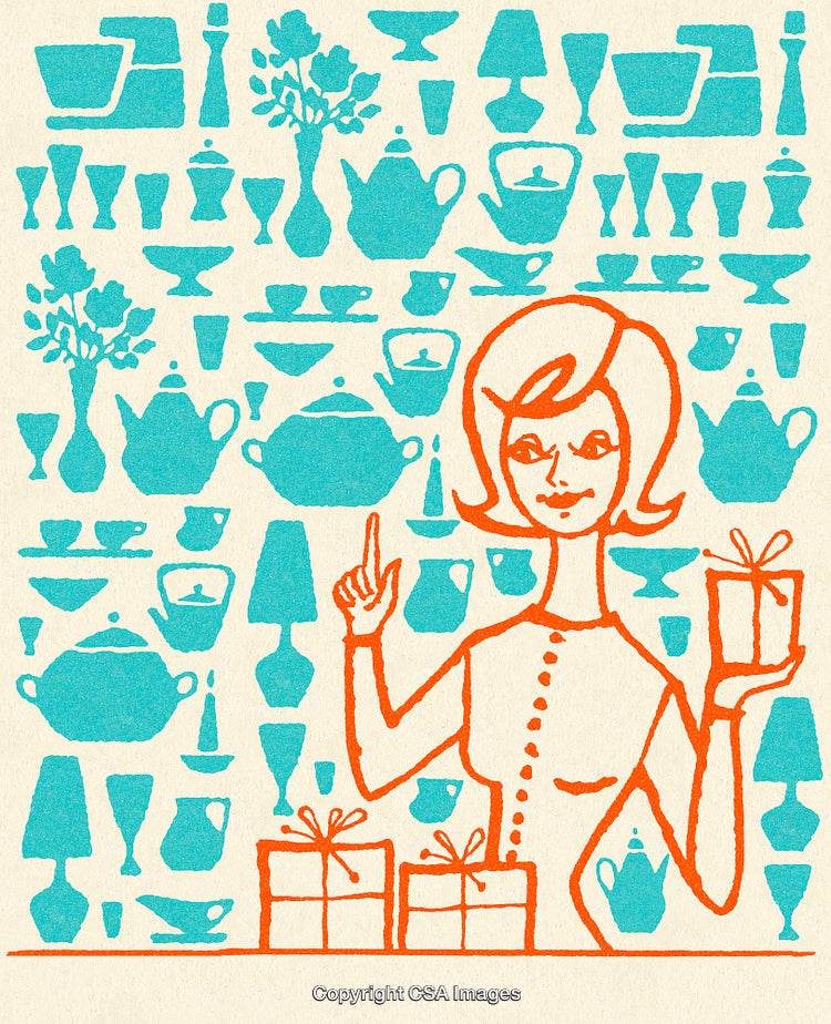 Retro Illustration of Woman With Presents and Kitchenware Items